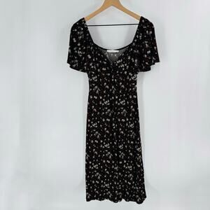 Lush Black Brown Floral Maxi Dress Flutter Sleeve V-Neck Size Medium